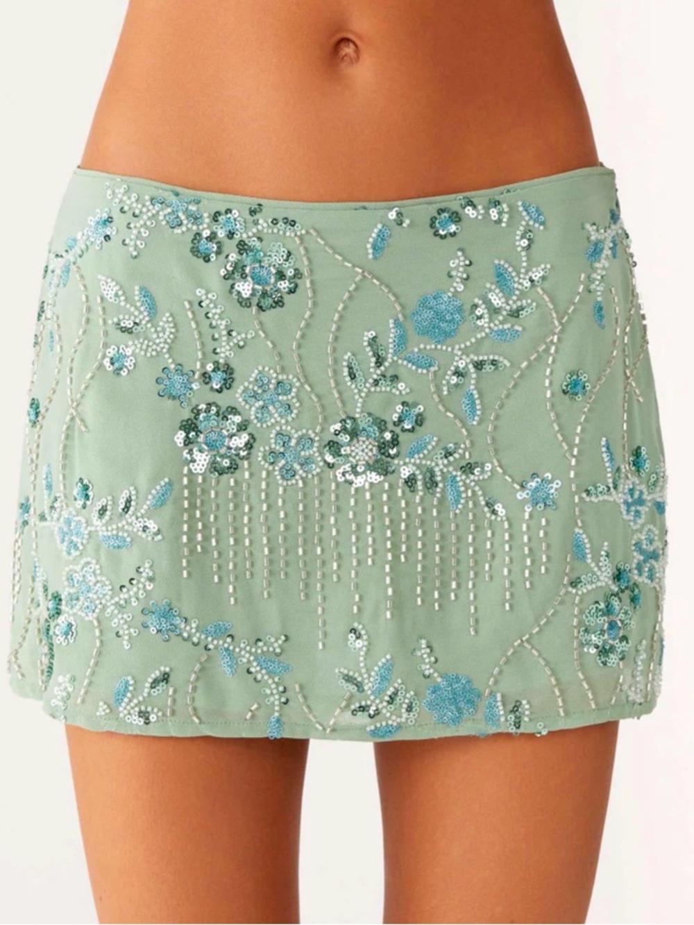 Peppermayo Mint Green Sequin Floral Mini Skirt
